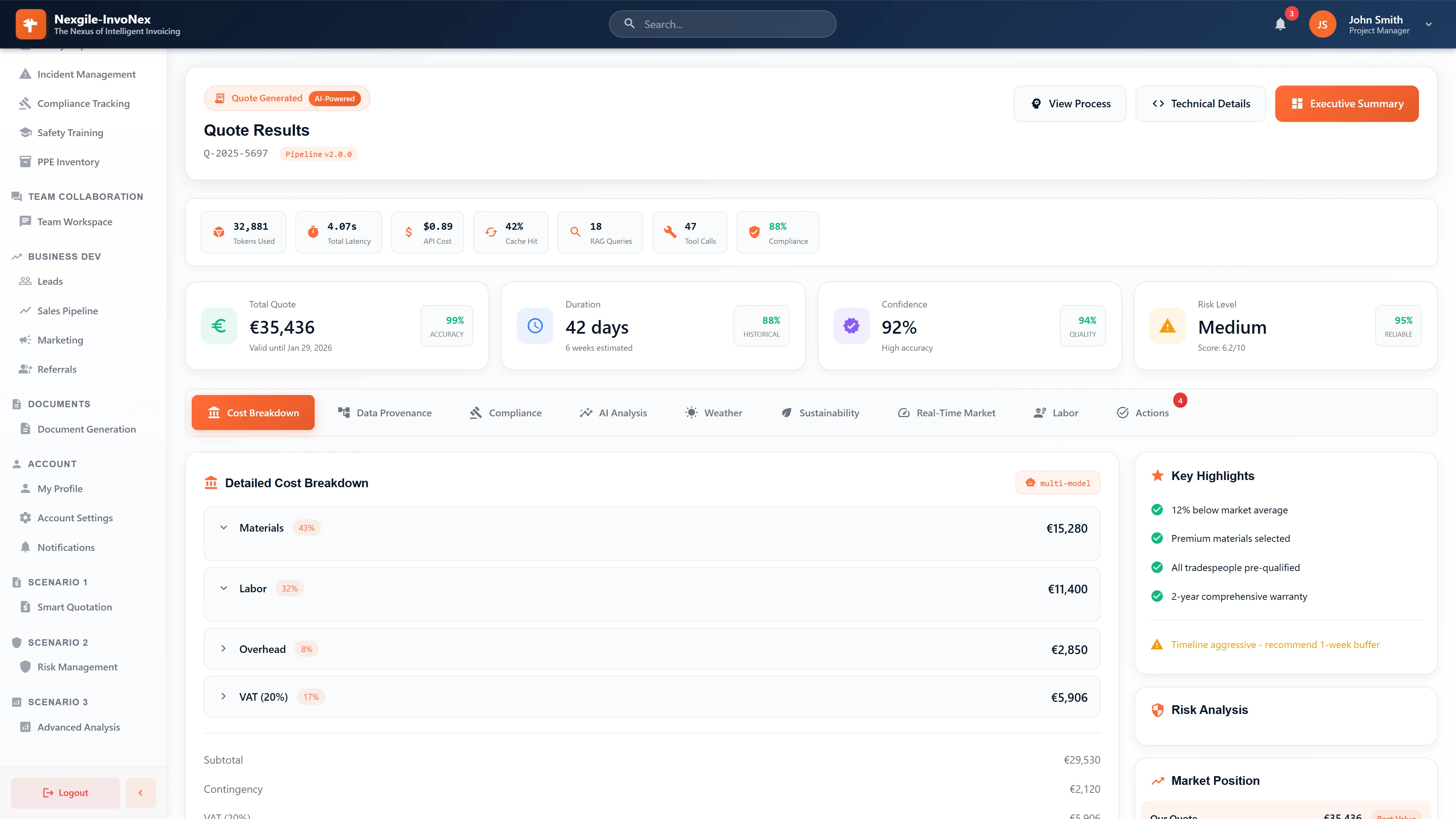 Quote Results - AI-generated quote with detailed cost breakdown (materials, labor, overhead, VAT), confidence metrics, risk level, and key highlights.